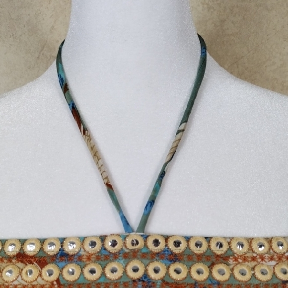 04099 Raga aqua, tan & rust bird print tiered satin strapless maxi dress M - Picture 4 of 14